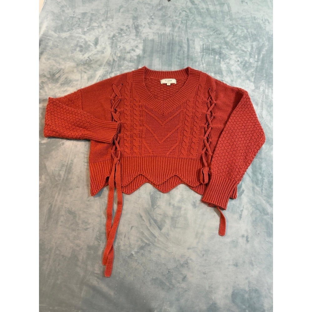 No Comment NY-LA Womens Rust Orange Cable Knit Lace Up Scalloped Crop Sweater M